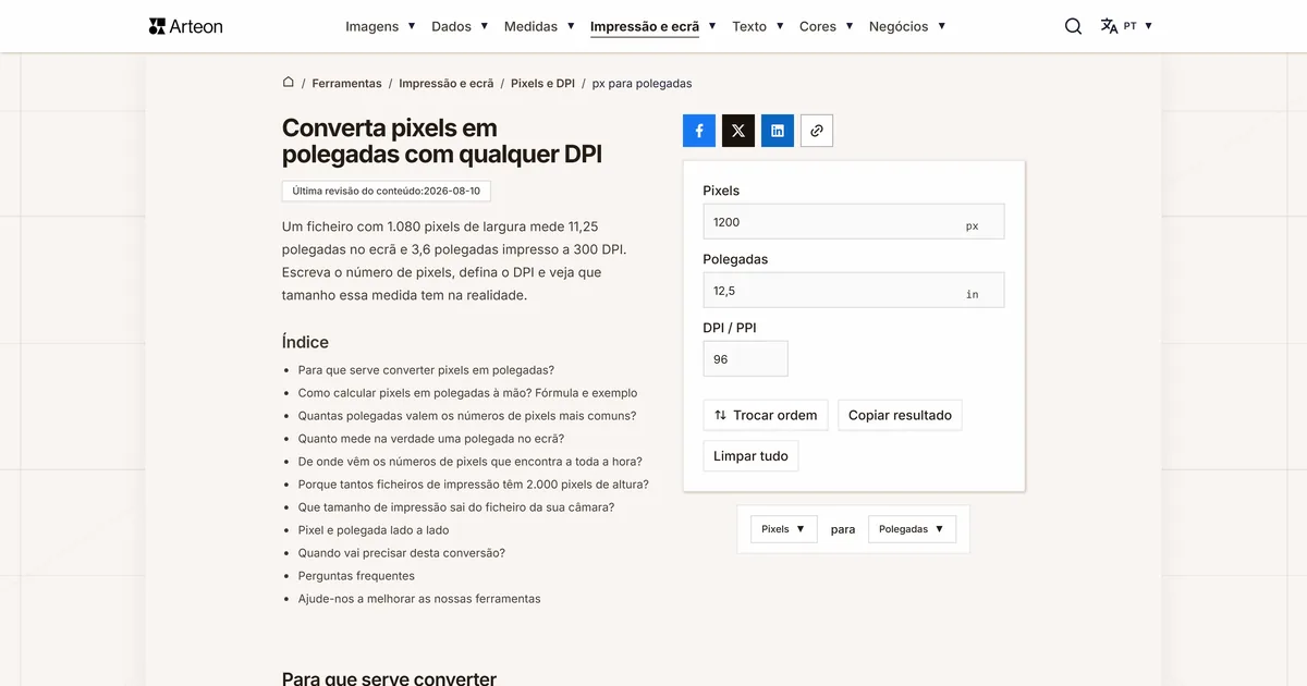 Captura de ecrã da ferramenta gratuita da Arteon: Converta pixels em polegadas com qualquer DPI