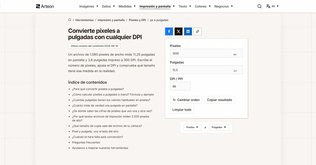 Captura de pantalla de la herramienta gratuita de Arteon: Convierte píxeles a pulgadas con cualquier DPI
