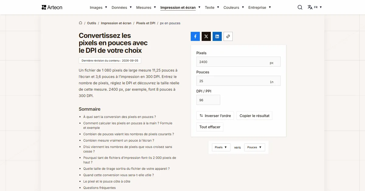 Capture d'écran de l'outil gratuit d'Arteon: Convertissez les pixels en pouces avec le DPI de votre choix
