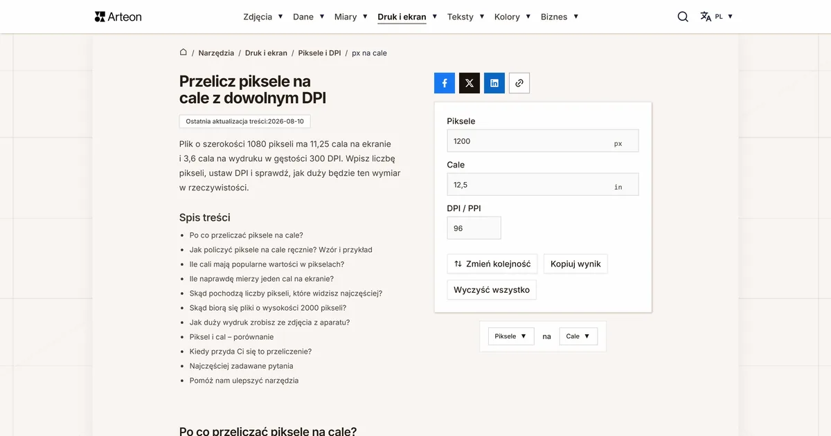 Zrzut ekranu darmowego narzędzia Arteon: Przelicz piksele na cale z dowolnym DPI