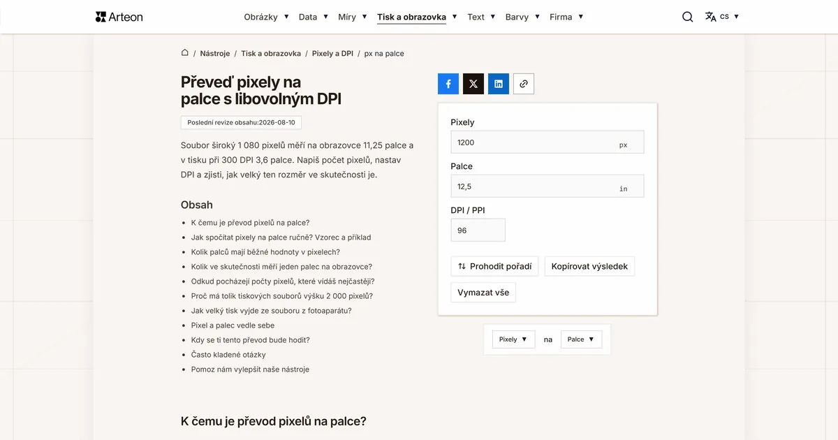 Snímek obrazovky bezplatného nástroje Arteon: Převeď pixely na palce s libovolným DPI