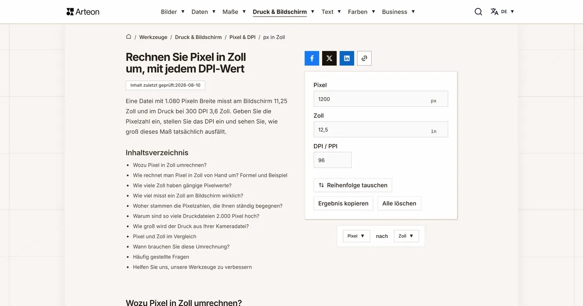 Screenshot des kostenlosen Arteon-Werkzeugs: Rechnen Sie Pixel in Zoll um, mit jedem DPI-Wert