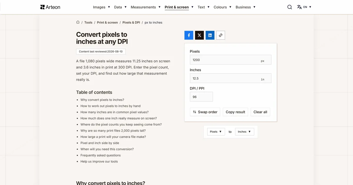 Arteon free tool screenshot: Convert pixels to inches at any DPI