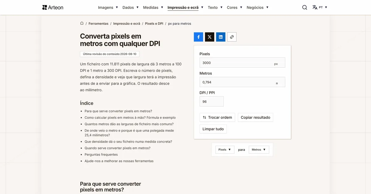 Captura de ecrã da ferramenta gratuita da Arteon: Converta pixels em metros com qualquer DPI