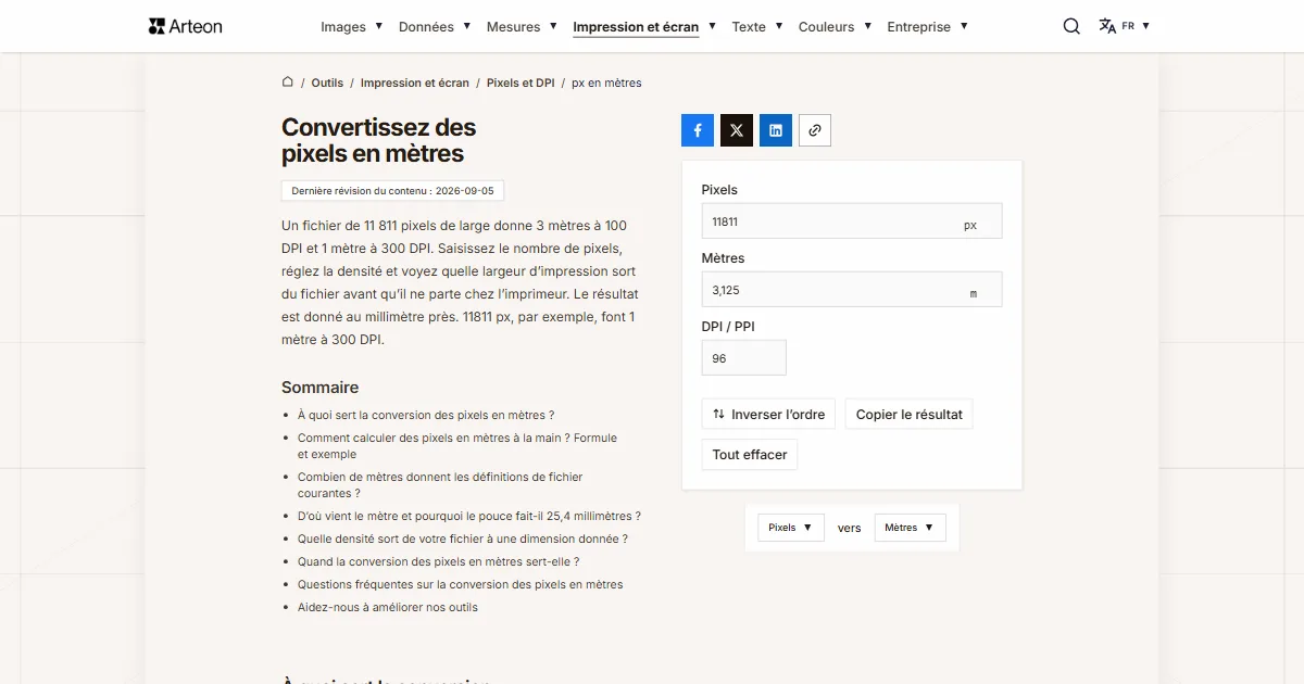 Capture d'écran de l'outil gratuit d'Arteon: Convertissez des pixels en mètres