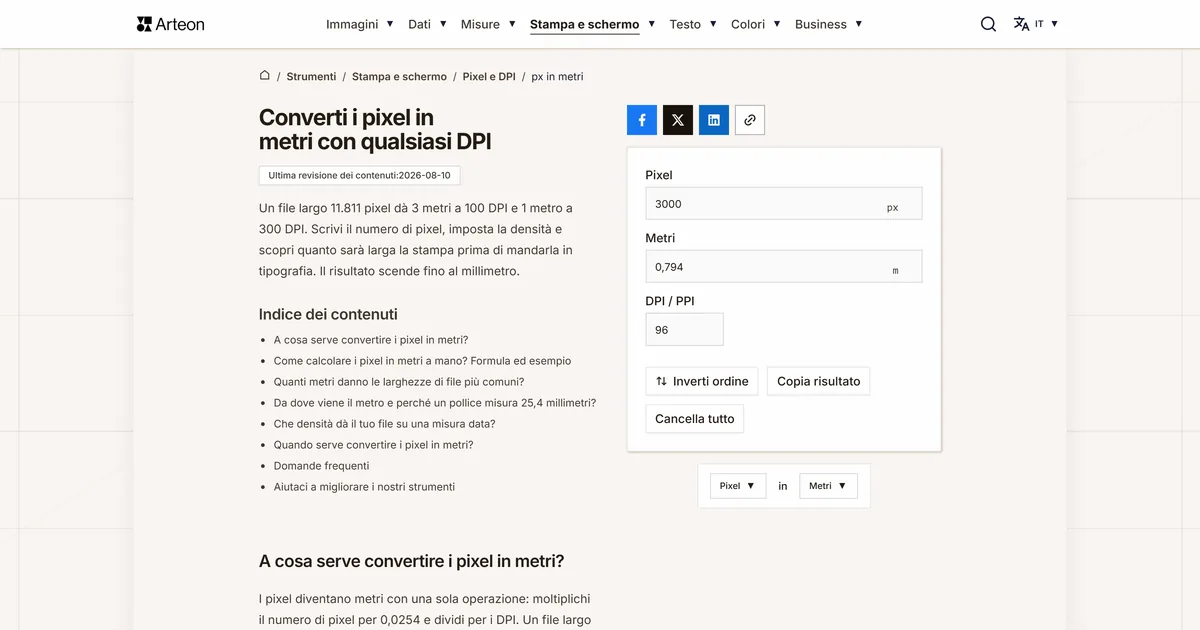 Screenshot dello strumento gratuito Arteon: Converti i pixel in metri con qualsiasi DPI