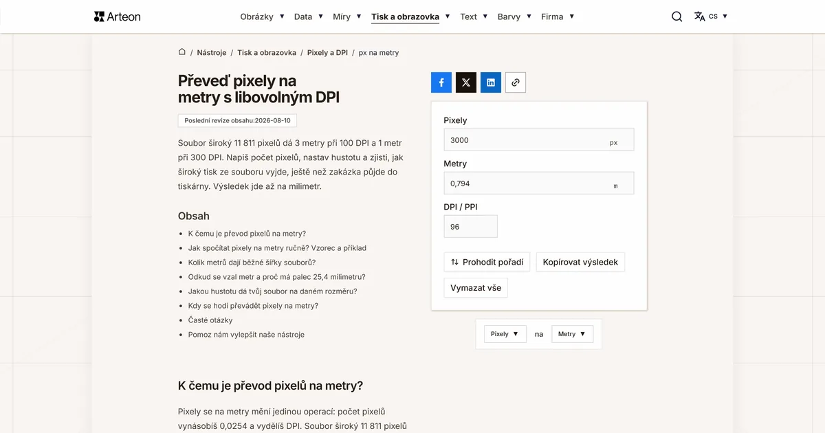 Snímek obrazovky bezplatného nástroje Arteon: Převeď pixely na metry s libovolným DPI