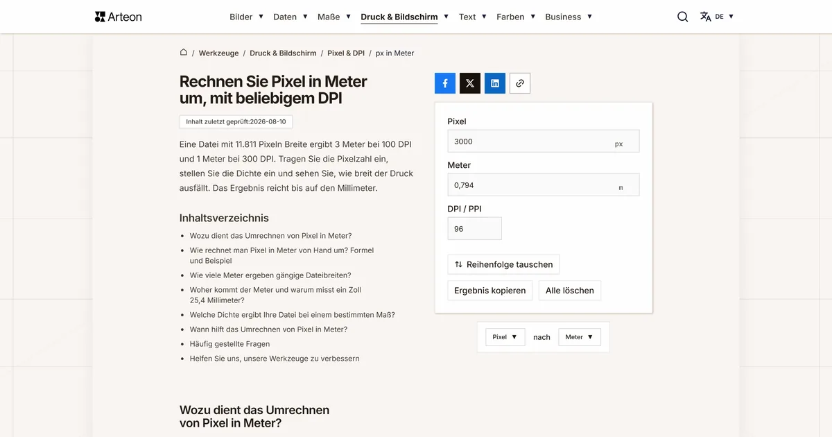 Screenshot des kostenlosen Arteon-Werkzeugs: Rechnen Sie Pixel in Meter um, mit beliebigem DPI