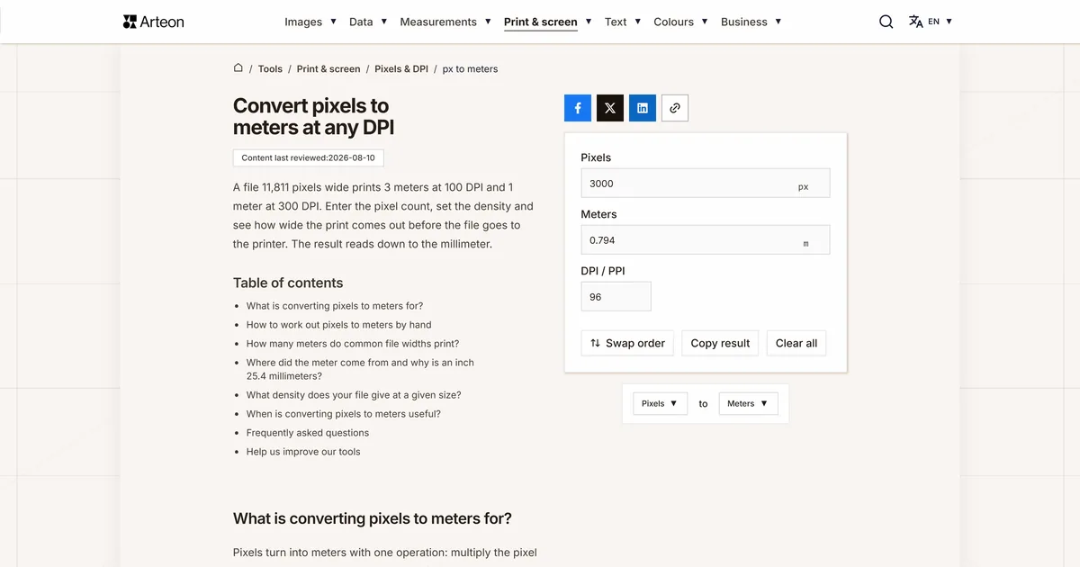 Arteon free tool screenshot: Convert pixels to meters at any DPI