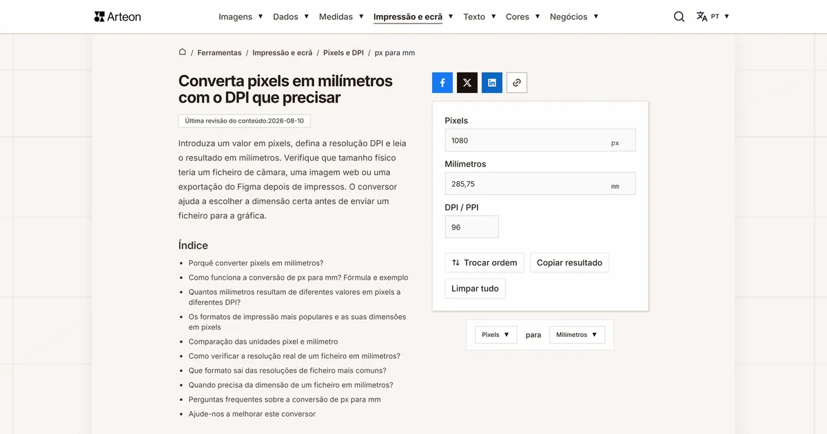 Captura de ecrã da ferramenta gratuita da Arteon: Converta pixels em milímetros com o DPI que precisar