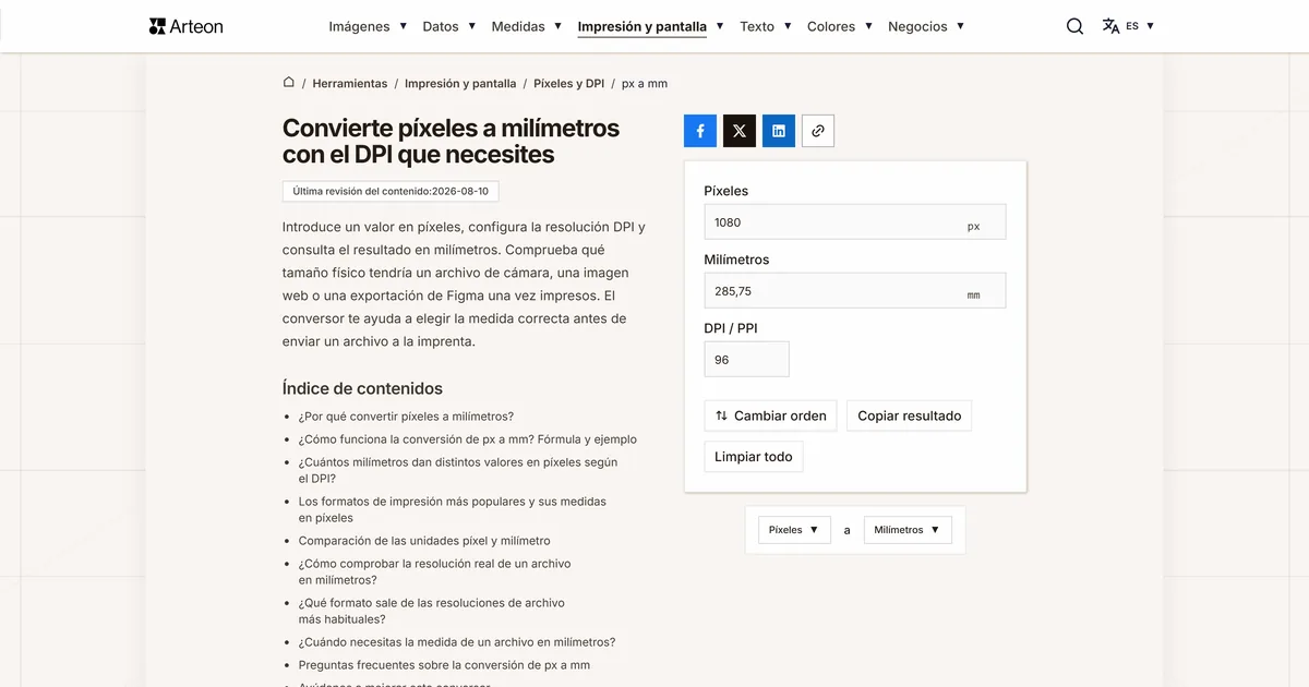 Captura de pantalla de la herramienta gratuita de Arteon: Convierte píxeles a milímetros con el DPI que necesites
