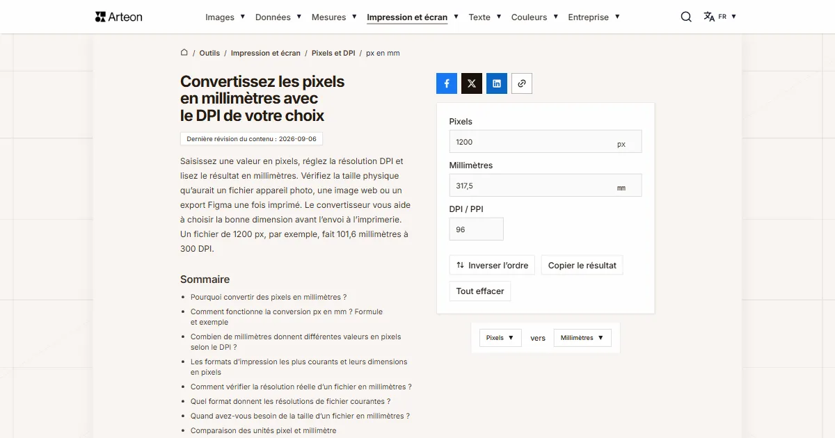 Capture d'écran de l'outil gratuit d'Arteon: Convertissez les pixels en millimètres avec le DPI de votre choix