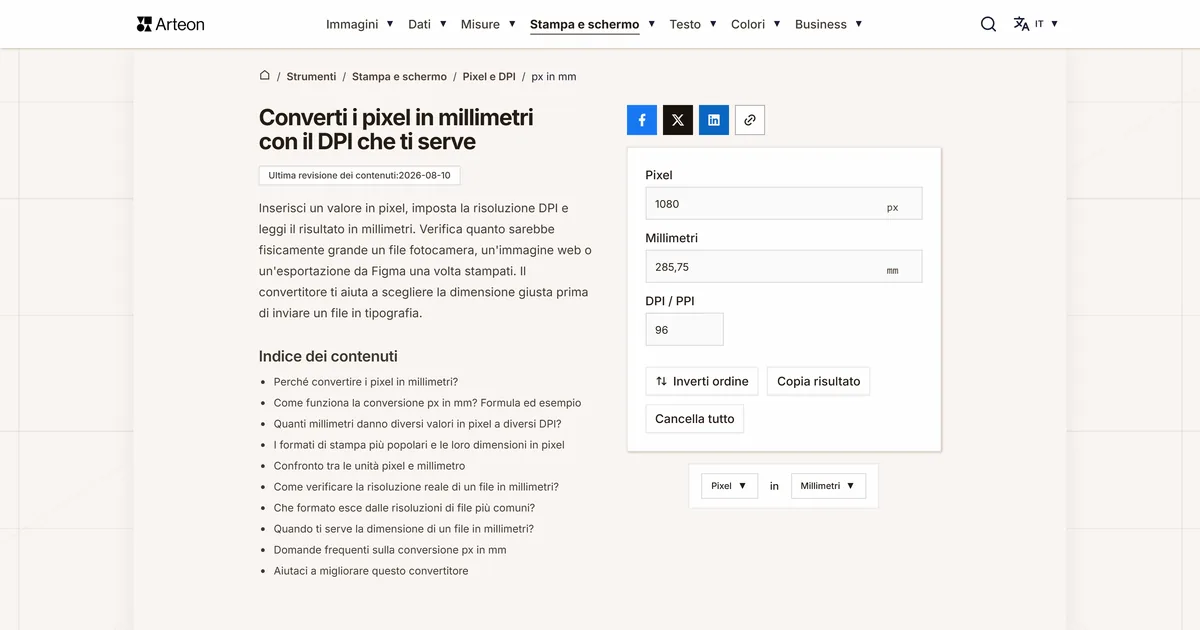 Screenshot dello strumento gratuito Arteon: Converti i pixel in millimetri con il DPI che ti serve