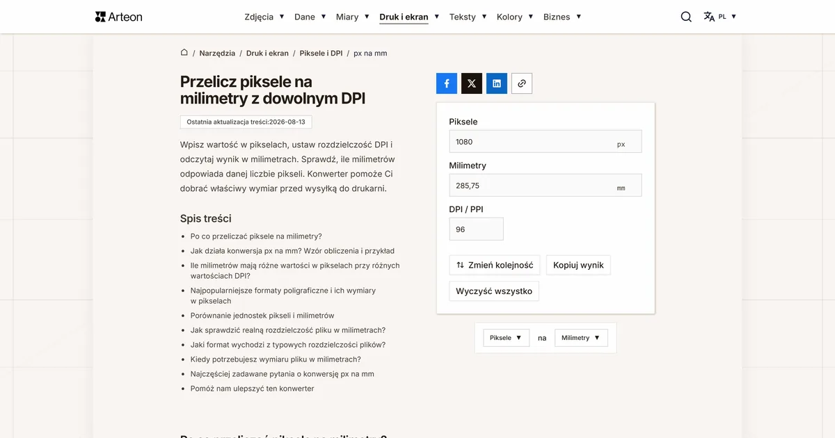 Zrzut ekranu darmowego narzędzia Arteon: Przelicz piksele na milimetry z dowolnym DPI