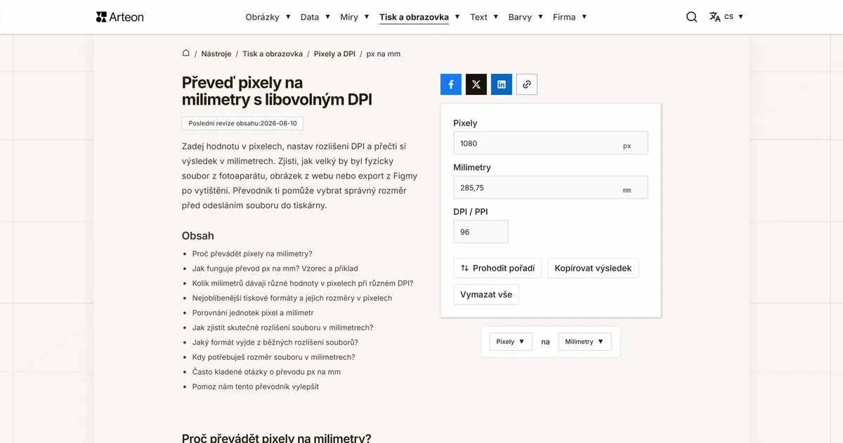 Snímek obrazovky bezplatného nástroje Arteon: Převeď pixely na milimetry s libovolným DPI