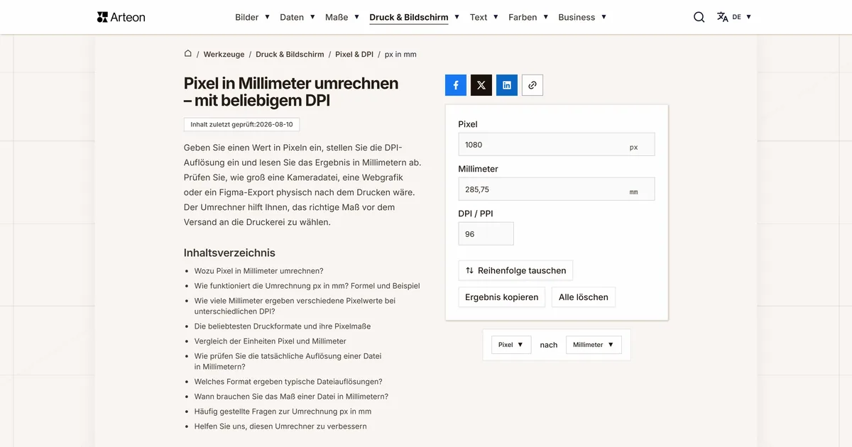 Screenshot des kostenlosen Arteon-Werkzeugs: Pixel in Millimeter umrechnen – mit beliebigem DPI