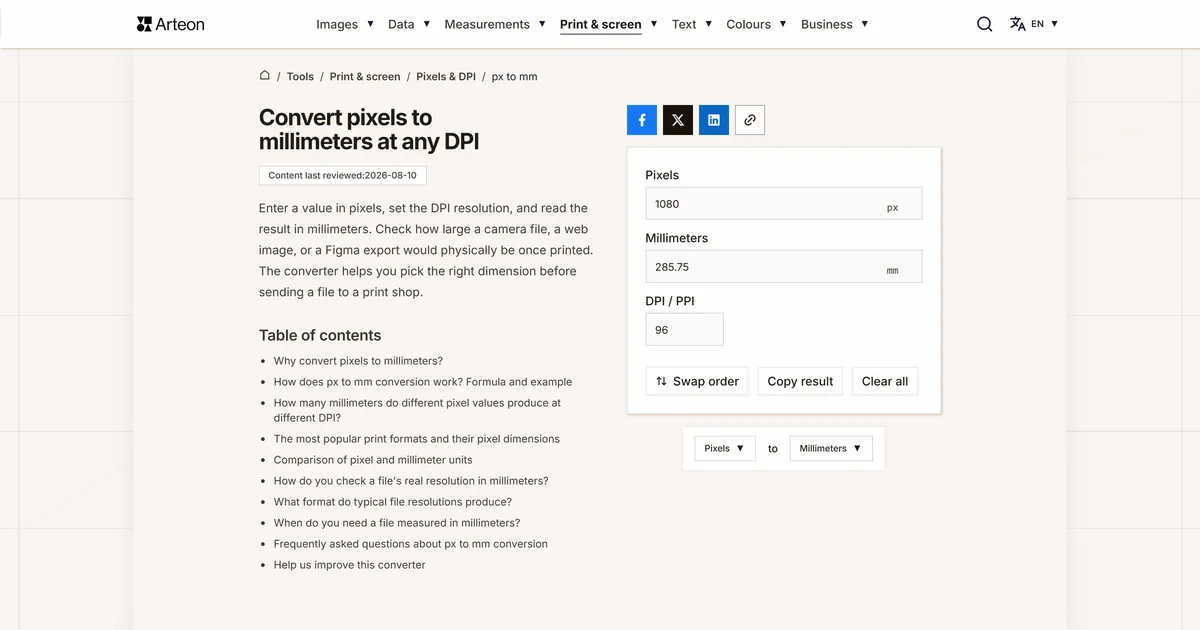 Arteon free tool screenshot: Convert pixels to millimeters at any DPI