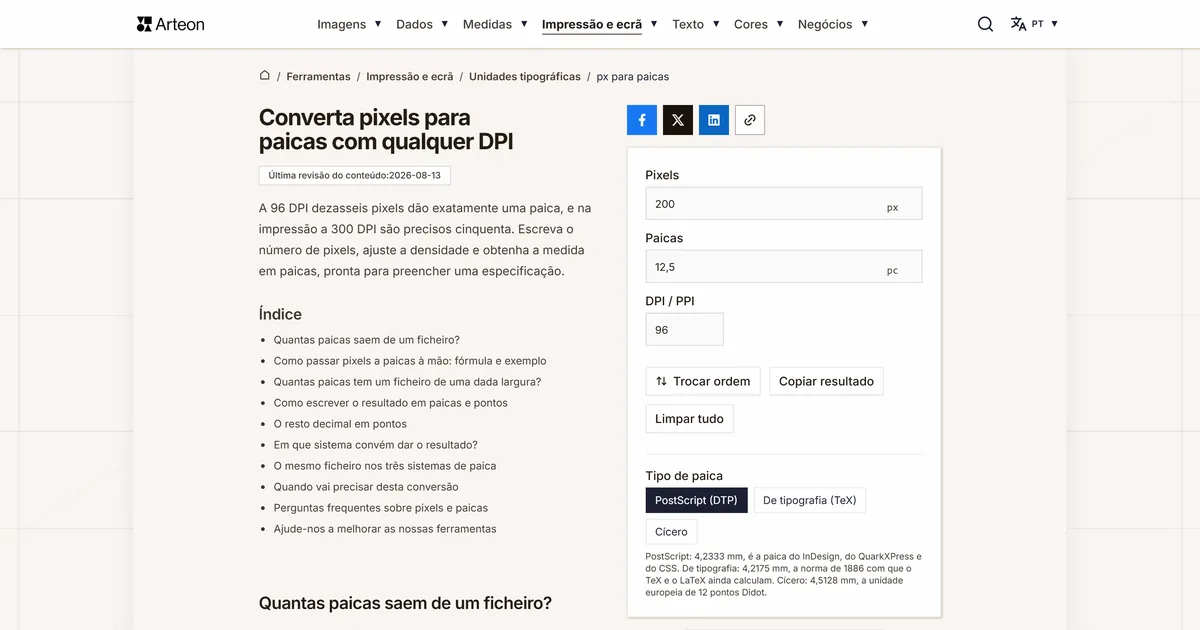 Captura de ecrã da ferramenta gratuita da Arteon: Converta pixels para paicas com qualquer DPI