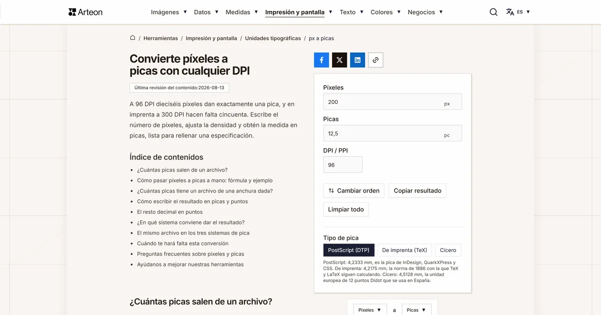 Captura de pantalla de la herramienta gratuita de Arteon: Convierte píxeles a picas con cualquier DPI