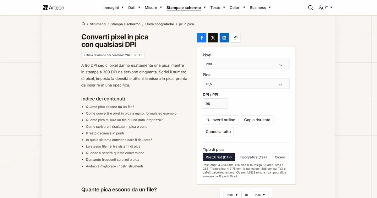 Screenshot dello strumento gratuito Arteon: Converti pixel in pica con qualsiasi DPI