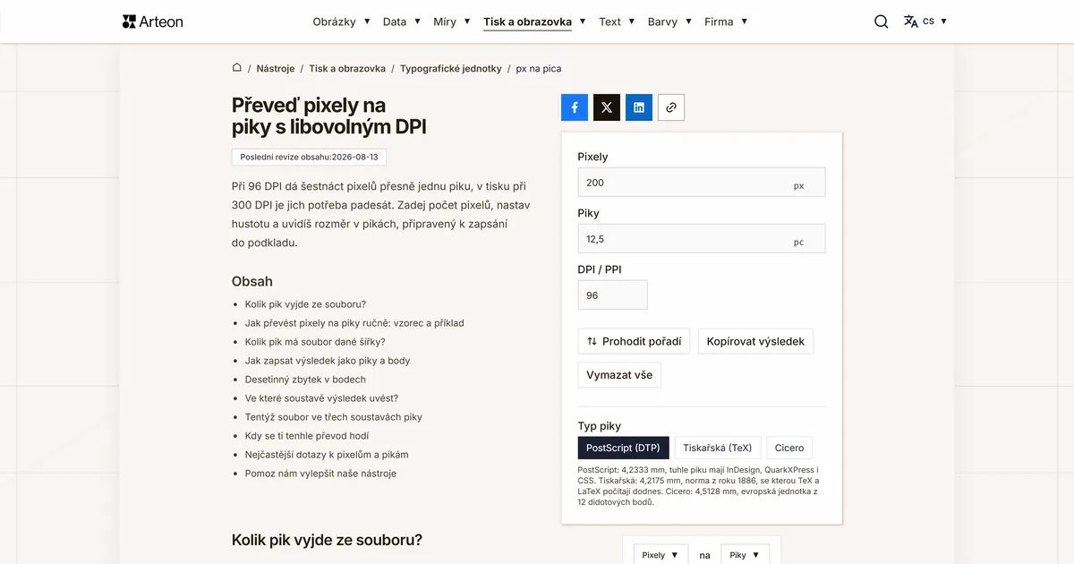 Snímek obrazovky bezplatného nástroje Arteon: Převeď pixely na piky s libovolným DPI