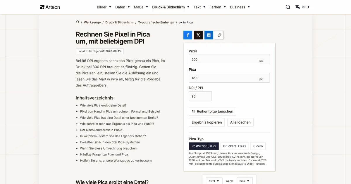Screenshot des kostenlosen Arteon-Werkzeugs: Rechnen Sie Pixel in Pica um, mit beliebigem DPI