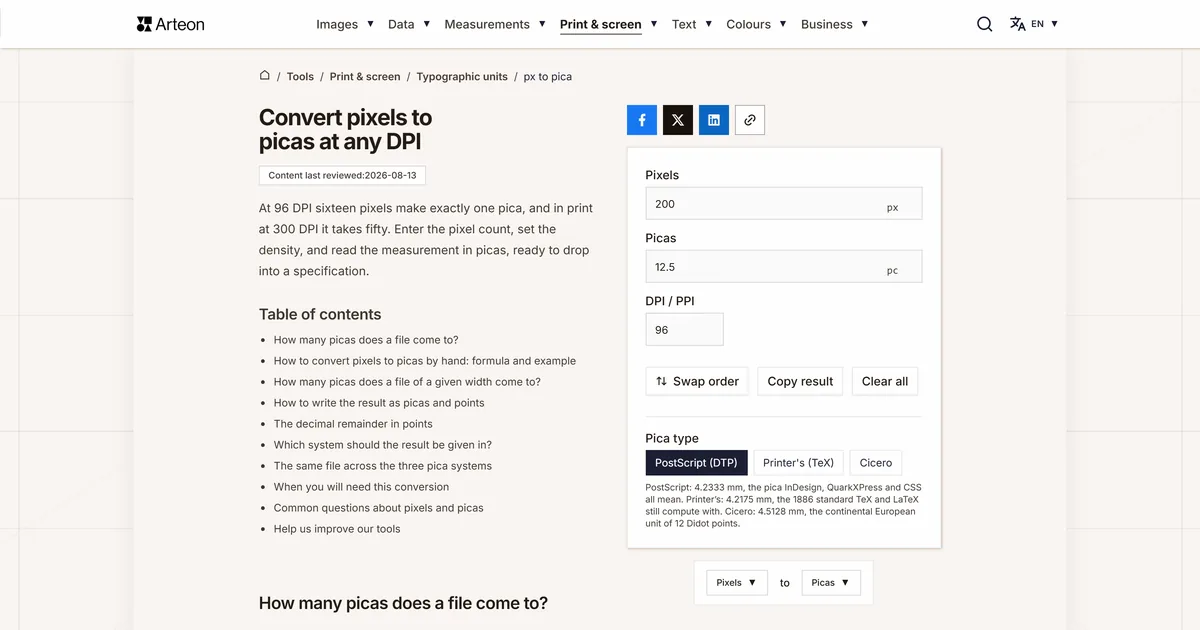 Arteon free tool screenshot: Convert pixels to picas at any DPI