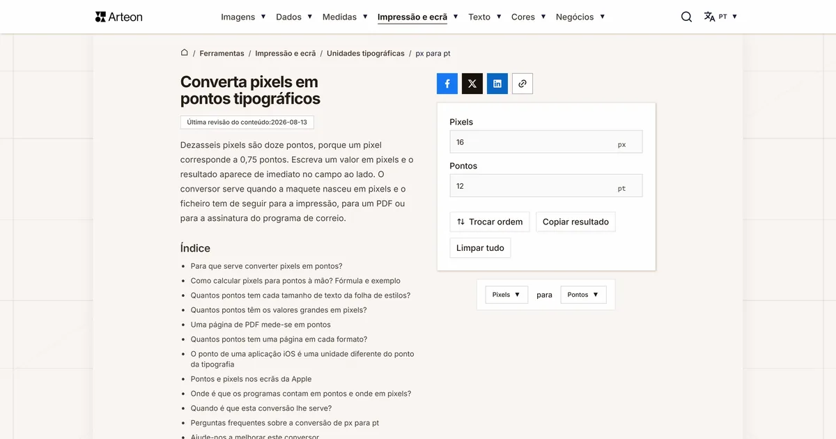 Captura de ecrã da ferramenta gratuita da Arteon: Converta pixels em pontos tipográficos