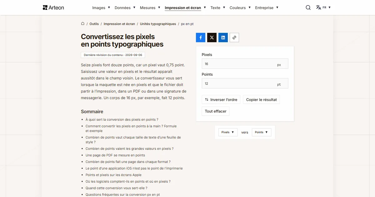 Capture d'écran de l'outil gratuit d'Arteon: Convertissez les pixels en points typographiques