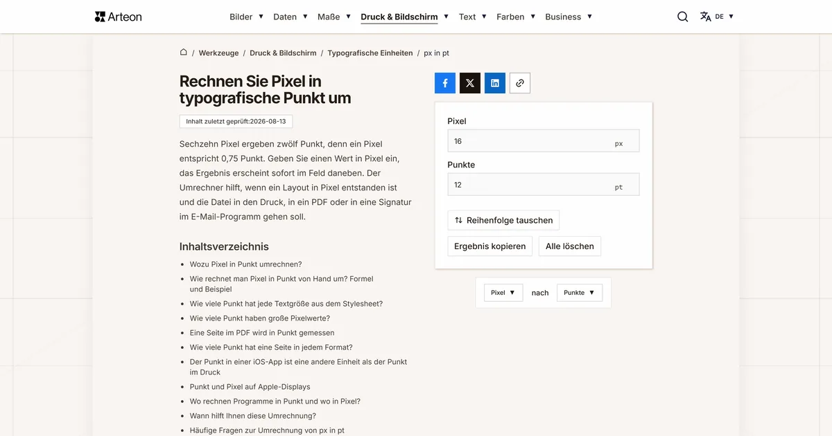 Screenshot des kostenlosen Arteon-Werkzeugs: Rechnen Sie Pixel in typografische Punkt um