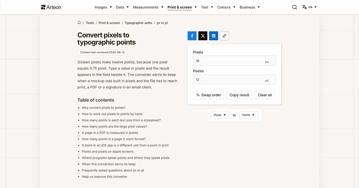 Arteon free tool screenshot: Convert pixels to typographic points