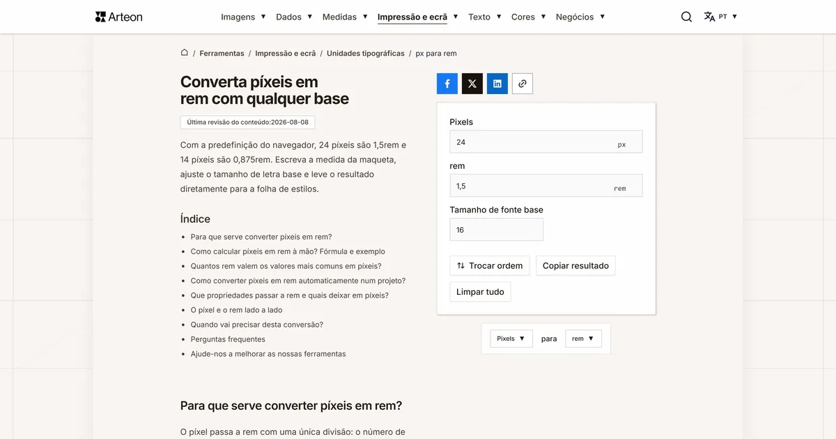 Captura de ecrã da ferramenta gratuita da Arteon: Converta píxeis em rem com qualquer base