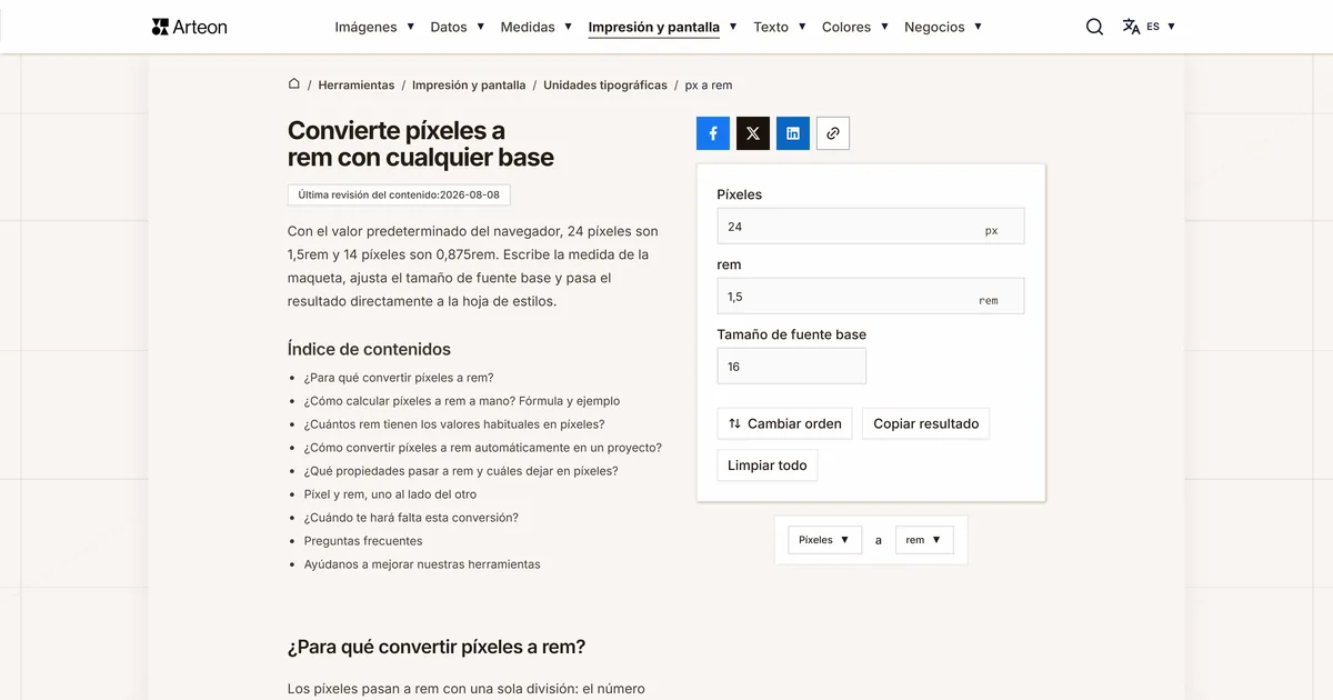 Captura de pantalla de la herramienta gratuita de Arteon: Convierte píxeles a rem con cualquier base