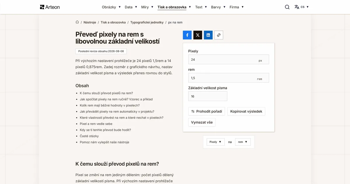 Snímek obrazovky bezplatného nástroje Arteon: Převeď pixely na rem s libovolnou základní velikostí