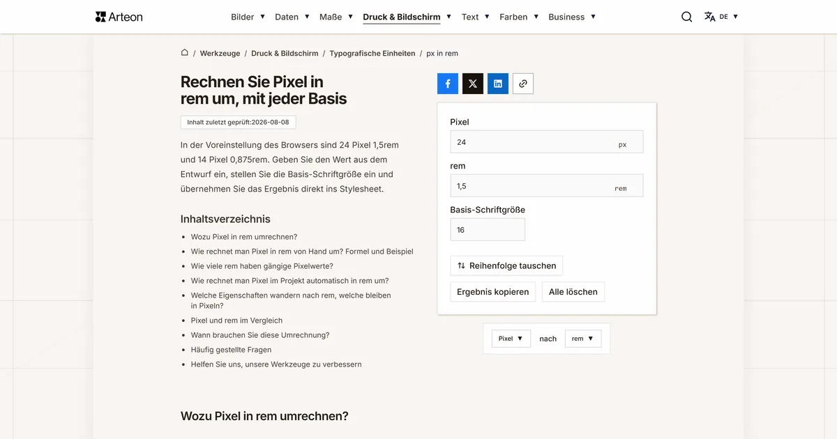 Screenshot des kostenlosen Arteon-Werkzeugs: Rechnen Sie Pixel in rem um, mit jeder Basis
