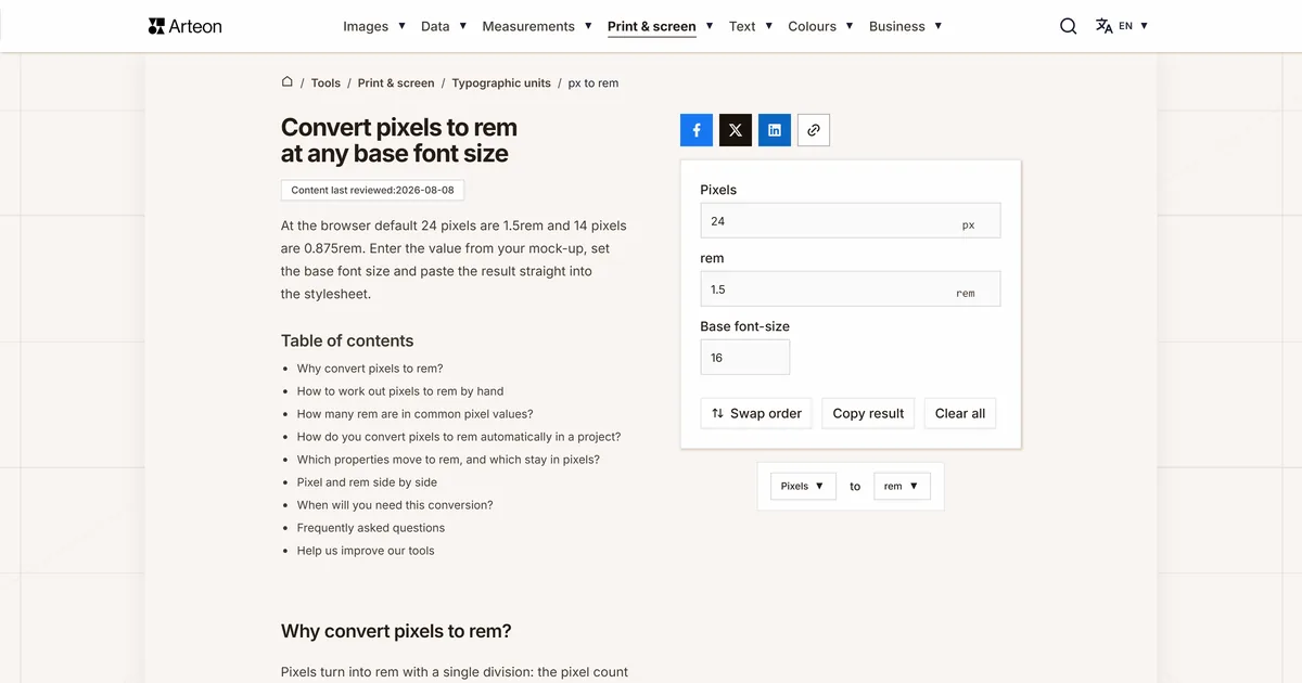 Arteon free tool screenshot: Convert pixels to rem at any base font size