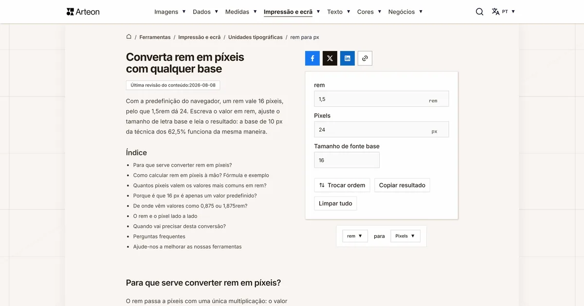 Captura de ecrã da ferramenta gratuita da Arteon: Converta rem em píxeis com qualquer base
