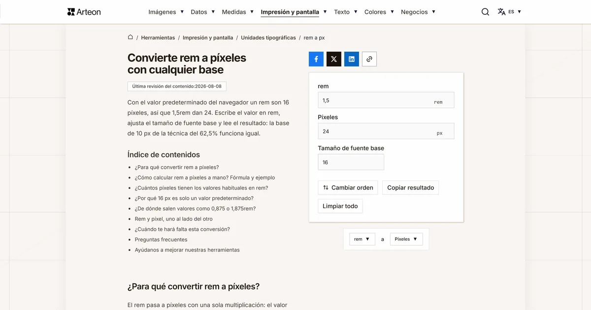 Captura de pantalla de la herramienta gratuita de Arteon: Convierte rem a píxeles con cualquier base
