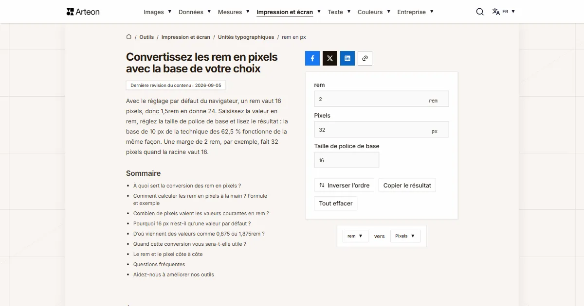 Capture d'écran de l'outil gratuit d'Arteon: Convertissez les rem en pixels avec la base de votre choix