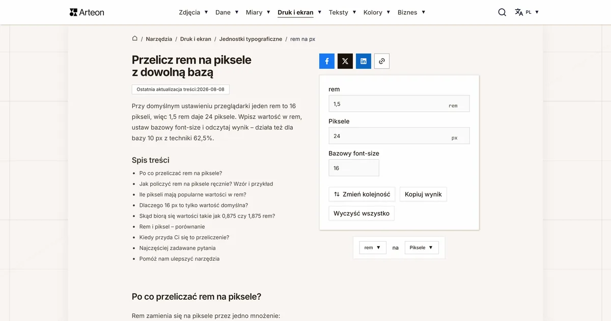 Zrzut ekranu darmowego narzędzia Arteon: Przelicz rem na piksele z dowolną bazą