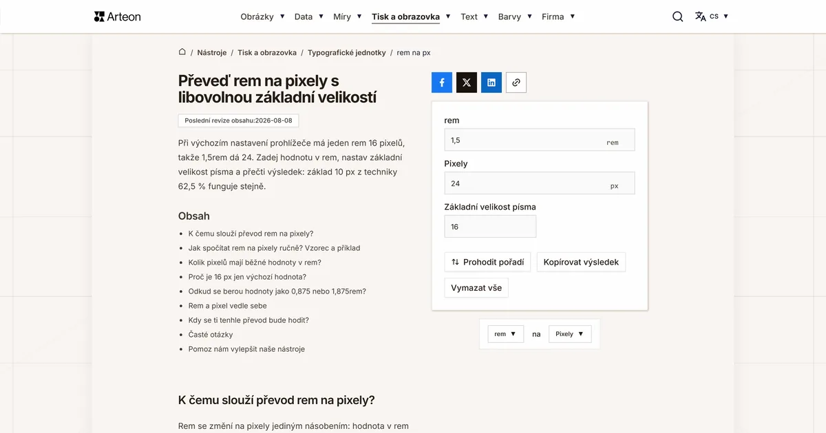 Snímek obrazovky bezplatného nástroje Arteon: Převeď rem na pixely s libovolnou základní velikostí