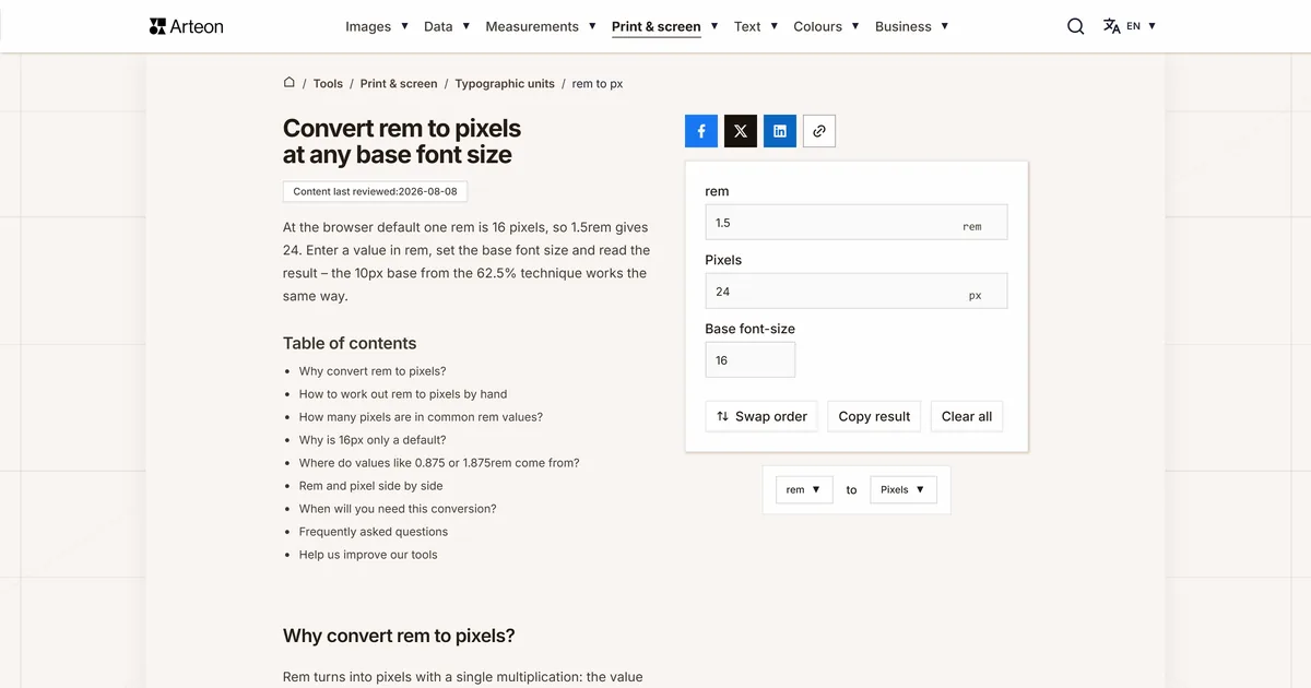 Arteon free tool screenshot: Convert rem to pixels at any base font size