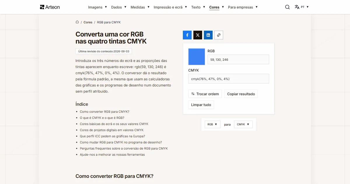Captura de ecrã da ferramenta gratuita da Arteon: Converta uma cor RGB nas quatro tintas CMYK