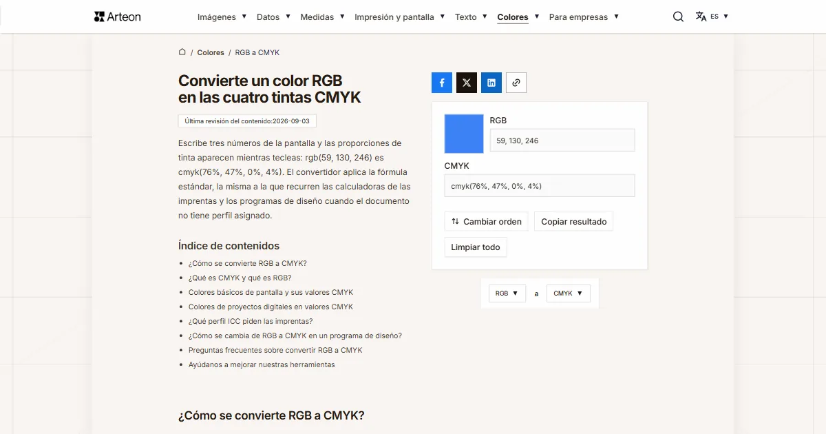 Captura de pantalla de la herramienta gratuita de Arteon: Convierte un color RGB en las cuatro tintas CMYK