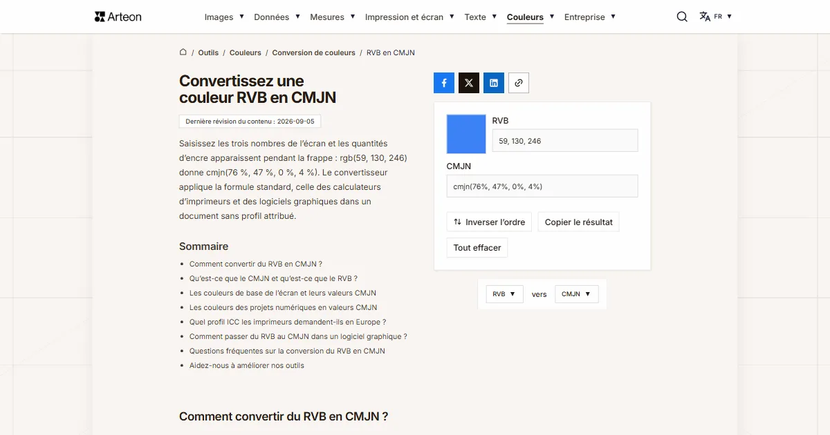 Capture d'écran de l'outil gratuit d'Arteon: Convertissez une couleur RVB en CMJN
