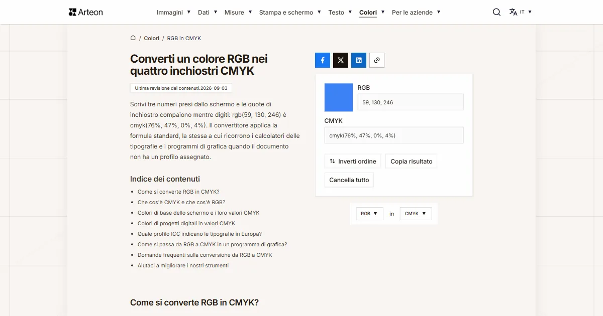 Screenshot dello strumento gratuito Arteon: Converti un colore RGB nei quattro inchiostri CMYK