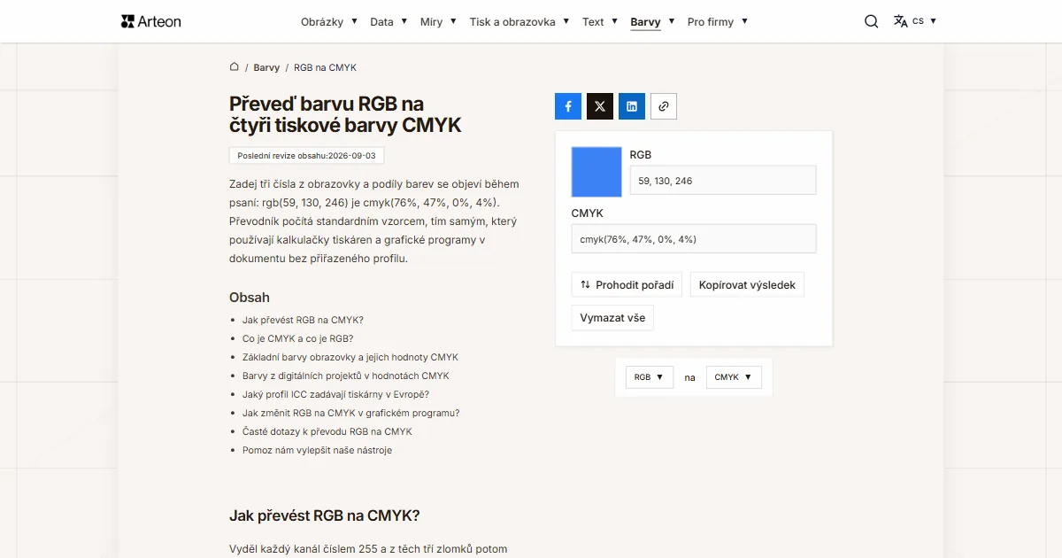 Snímek obrazovky bezplatného nástroje Arteon: Převeď barvu RGB na čtyři tiskové barvy CMYK