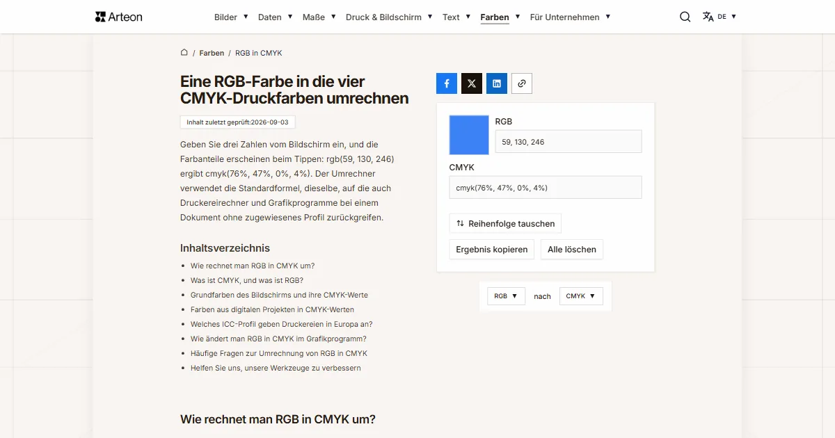 Screenshot des kostenlosen Arteon-Werkzeugs: Eine RGB-Farbe in die vier CMYK-Druckfarben umrechnen