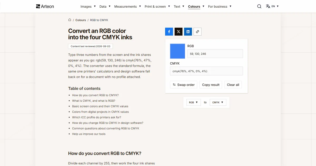 Arteon free tool screenshot: Convert an RGB color into the four CMYK inks