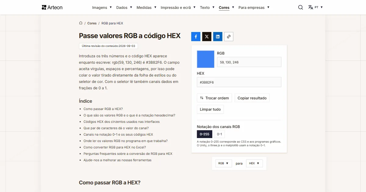 Captura de ecrã da ferramenta gratuita da Arteon: Passe valores RGB a código HEX